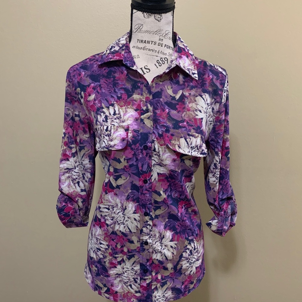 White Stag Vintage Purple Floral Button Down Long Sleeve Top Size Small